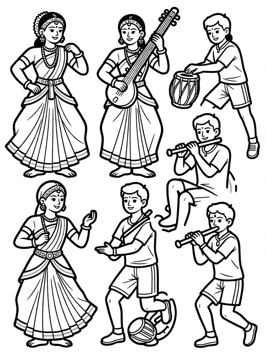 Classical Indian dancers and musicians alongside kabaddi players