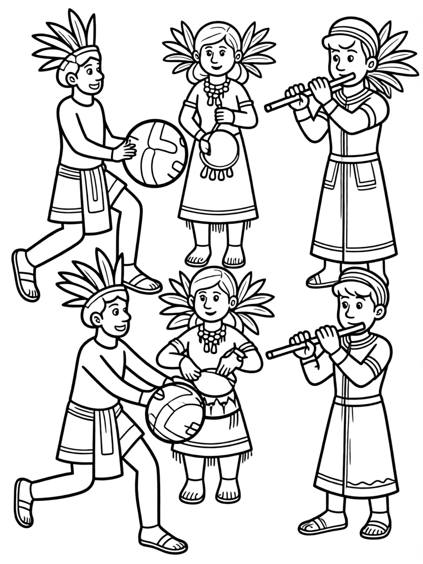 Aztec ball game players with traditional ceremonial musicians