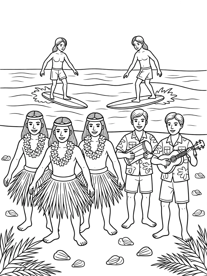 Ancient Polynesian dancers and musicians with surfing competition
