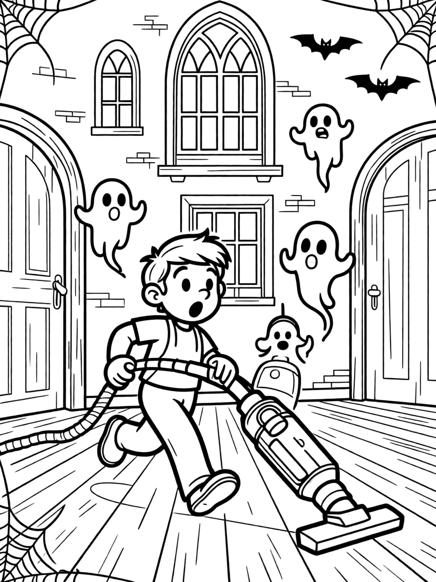 Luigi running nervously through a haunted mansion with his Poltergust vacuum