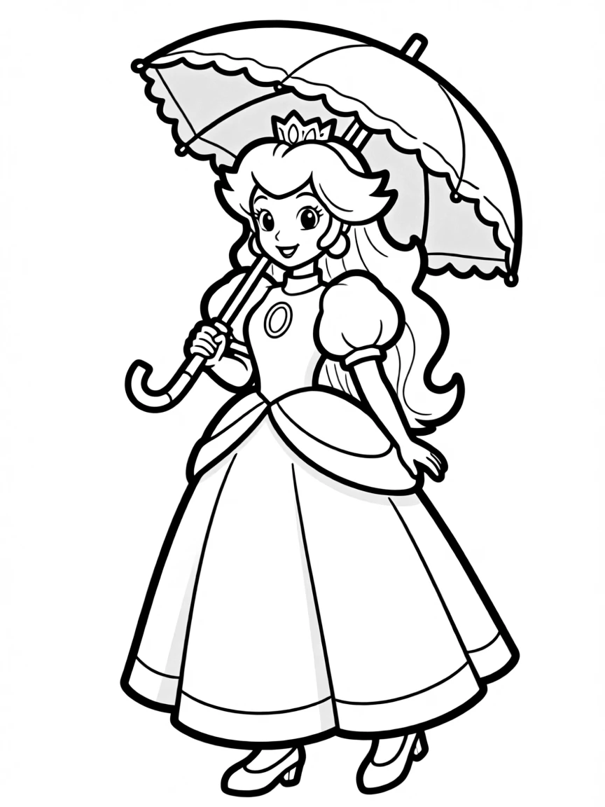 Princess Peach in her elegant dress holding her parasol