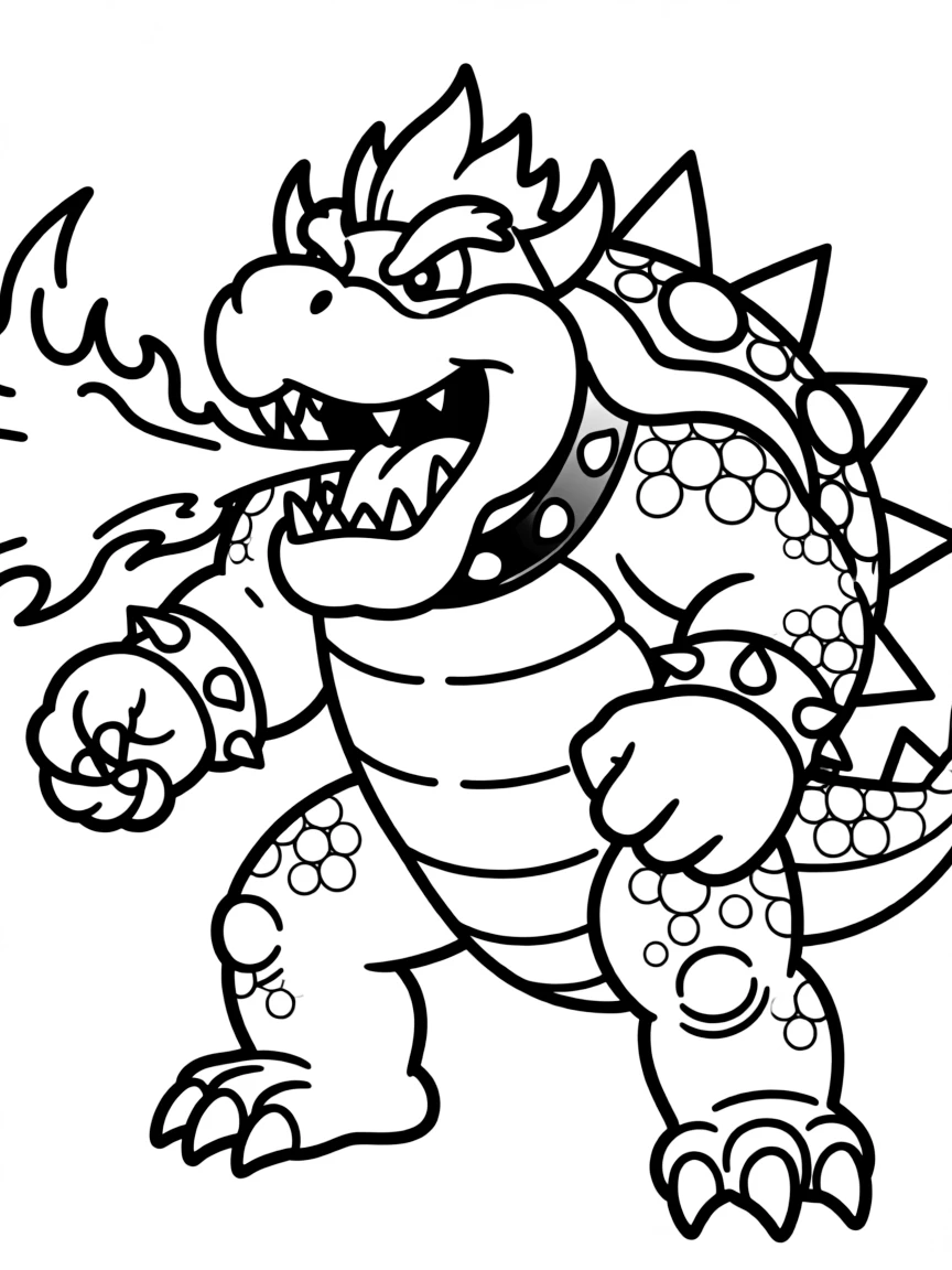 Bowser breathing fire with his spiked shell and menacing grin