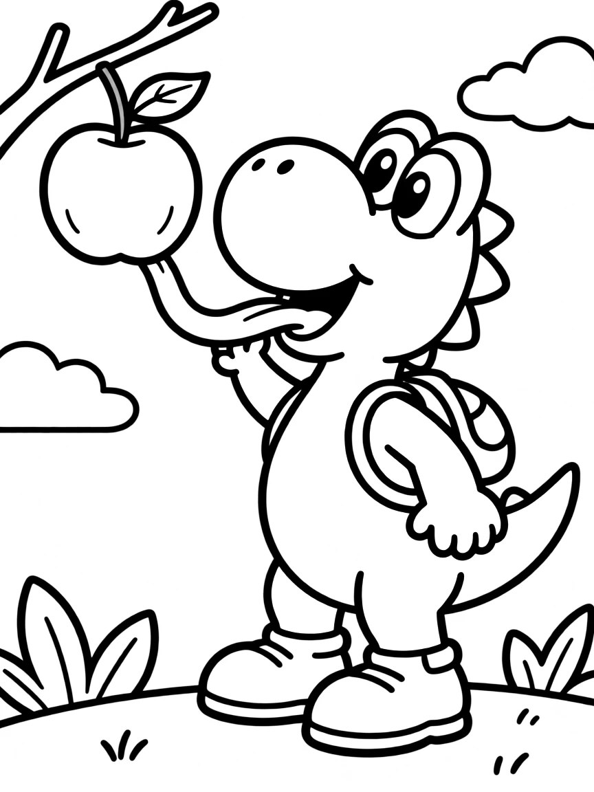 Yoshi sticking out his long tongue to catch a fruit
