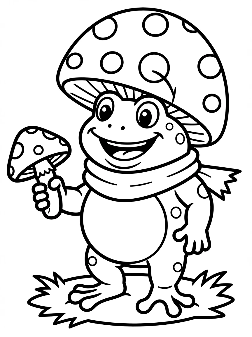 Toad holding a mushroom with his spotted cap and cheerful expression