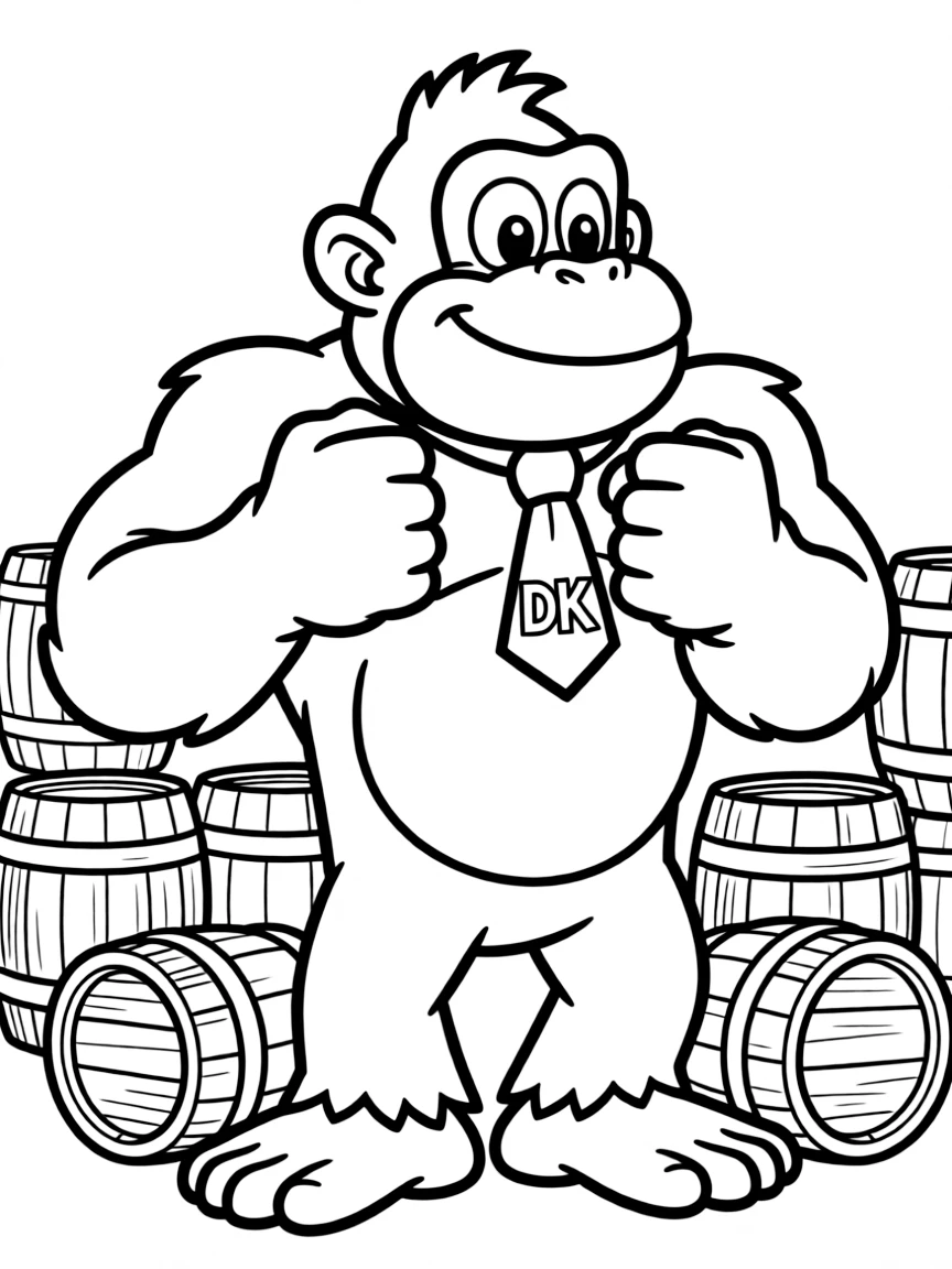 Donkey Kong beating his chest with barrels nearby