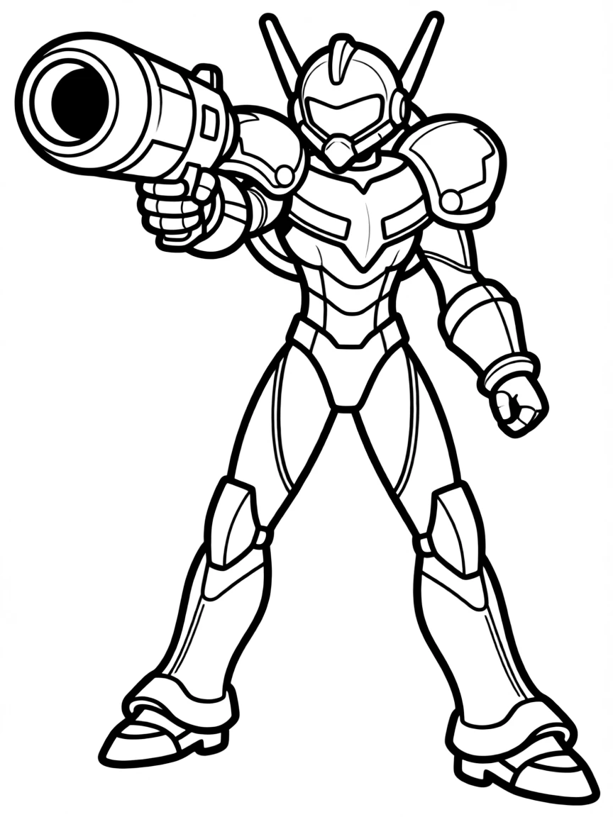 Samus Aran in her power suit aiming her arm cannon
