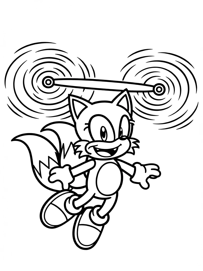 Tails flying with his twin tails spinning like helicopter blades