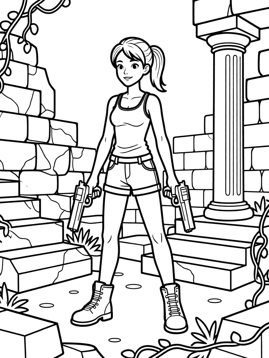 Lara Croft dual-wielding pistols while exploring ancient ruins