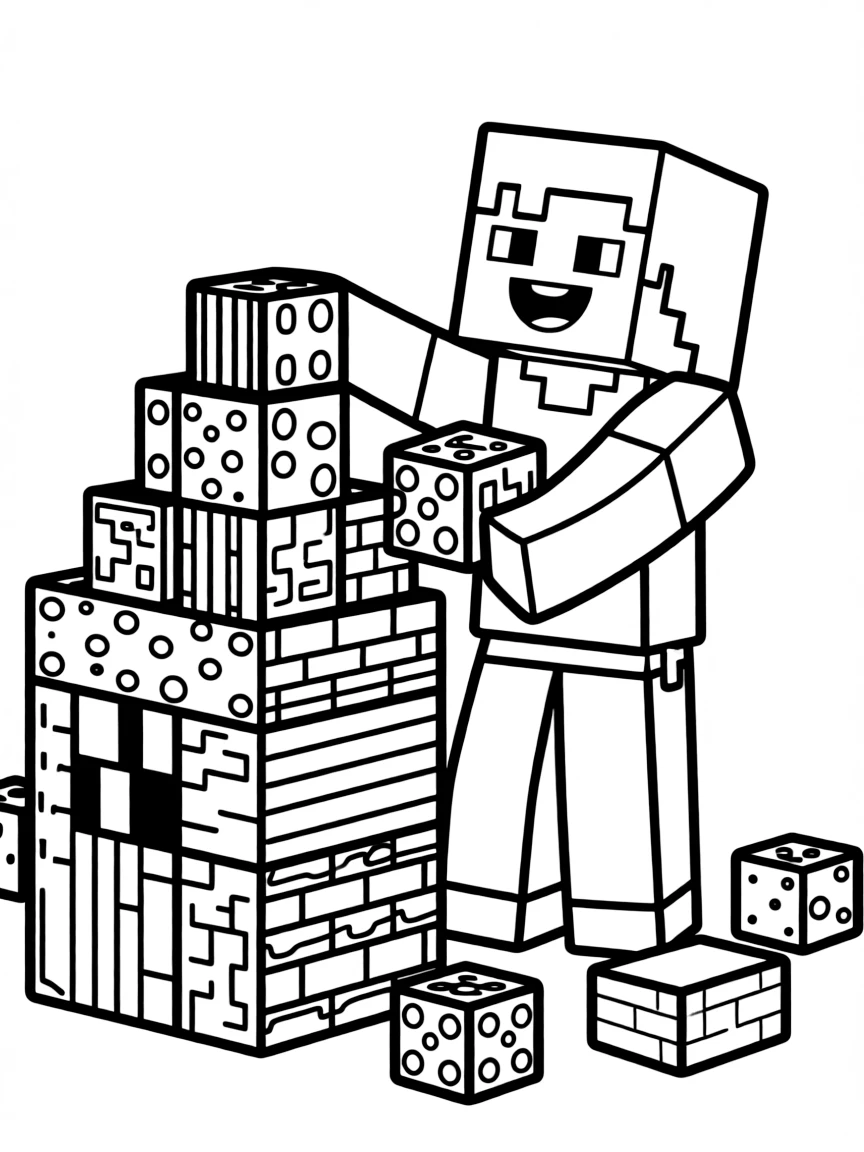 Steve from Minecraft building a structure with various blocks