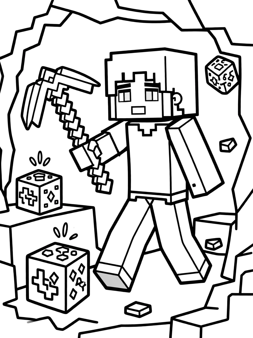 Alex from Minecraft mining diamonds with a pickaxe