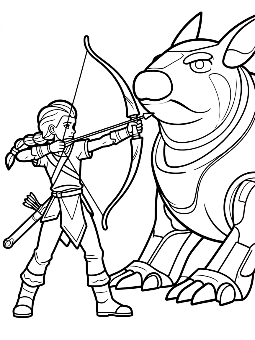 Aloy from Horizon hunting a machine with her bow drawn