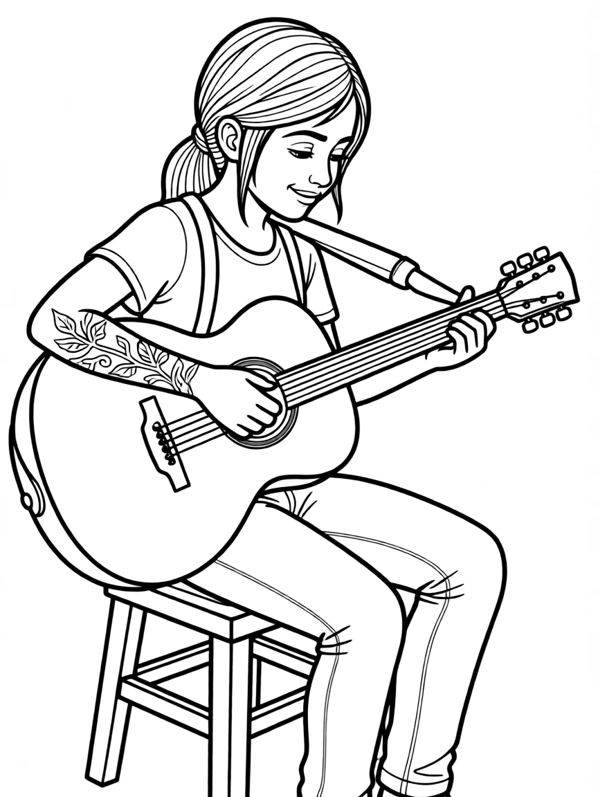 Ellie from The Last of Us playing guitar with her tattoo visible