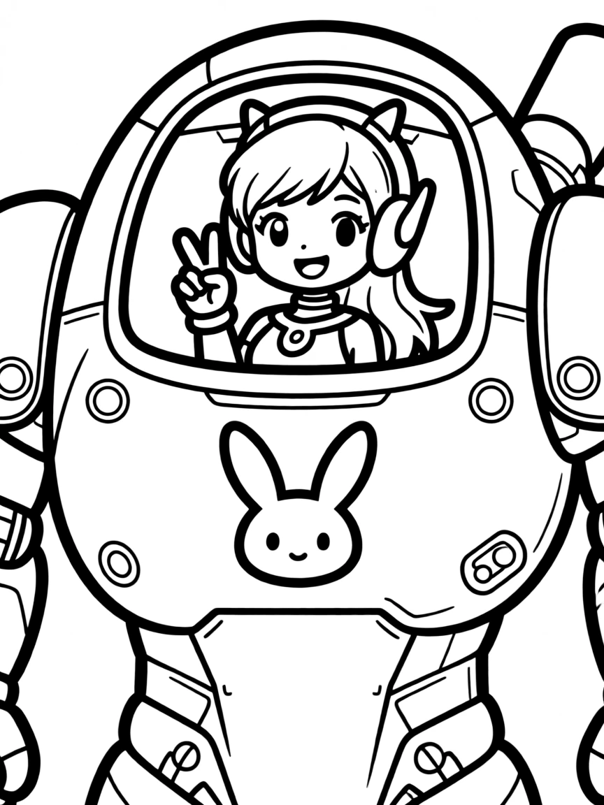 D.Va in her mech giving a peace sign with rabbit logo visible