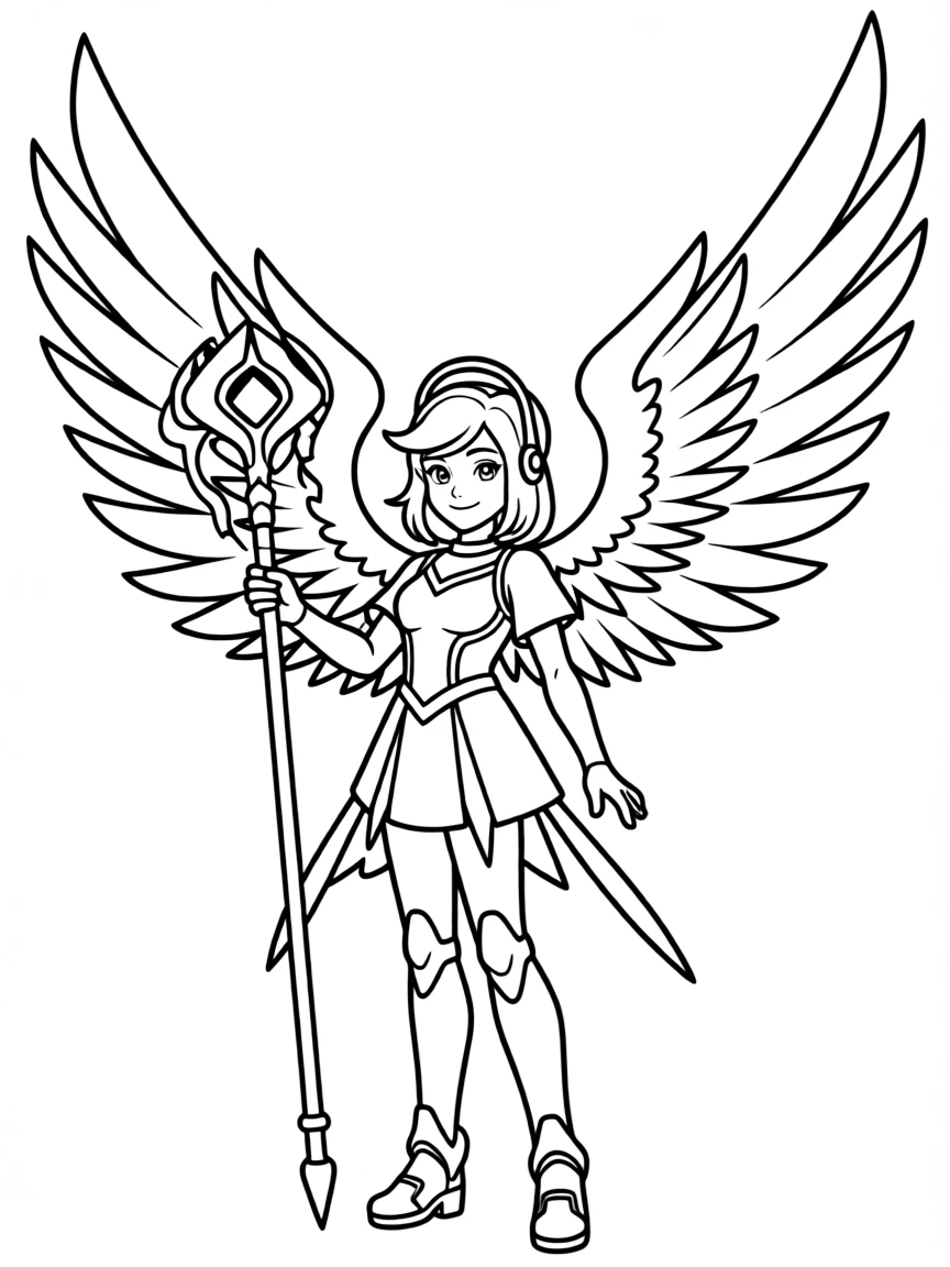 Mercy from Overwatch with her wings spread and staff glowing