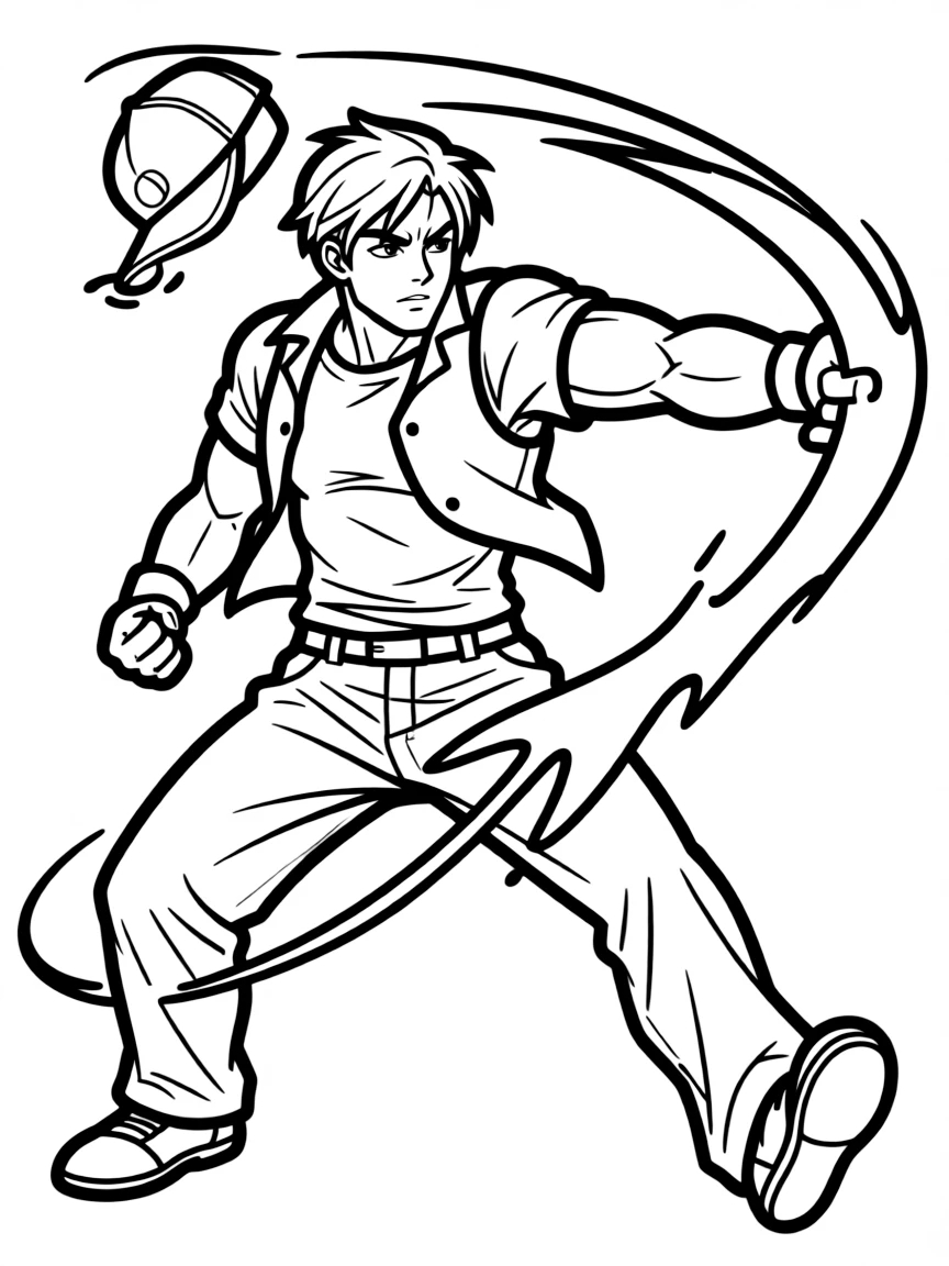 Terry Bogard throwing a Power Wave with his cap flying back