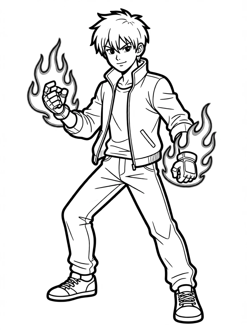 Kyo Kusanagi with red flames enveloping his gloves