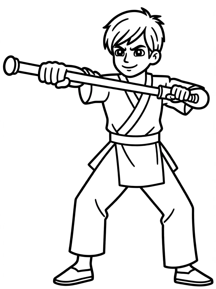 Kilik with his bo staff extended in martial arts stance