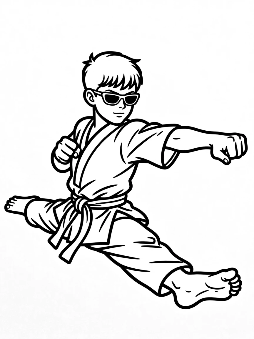 Johnny Cage with sunglasses and performing a split punch