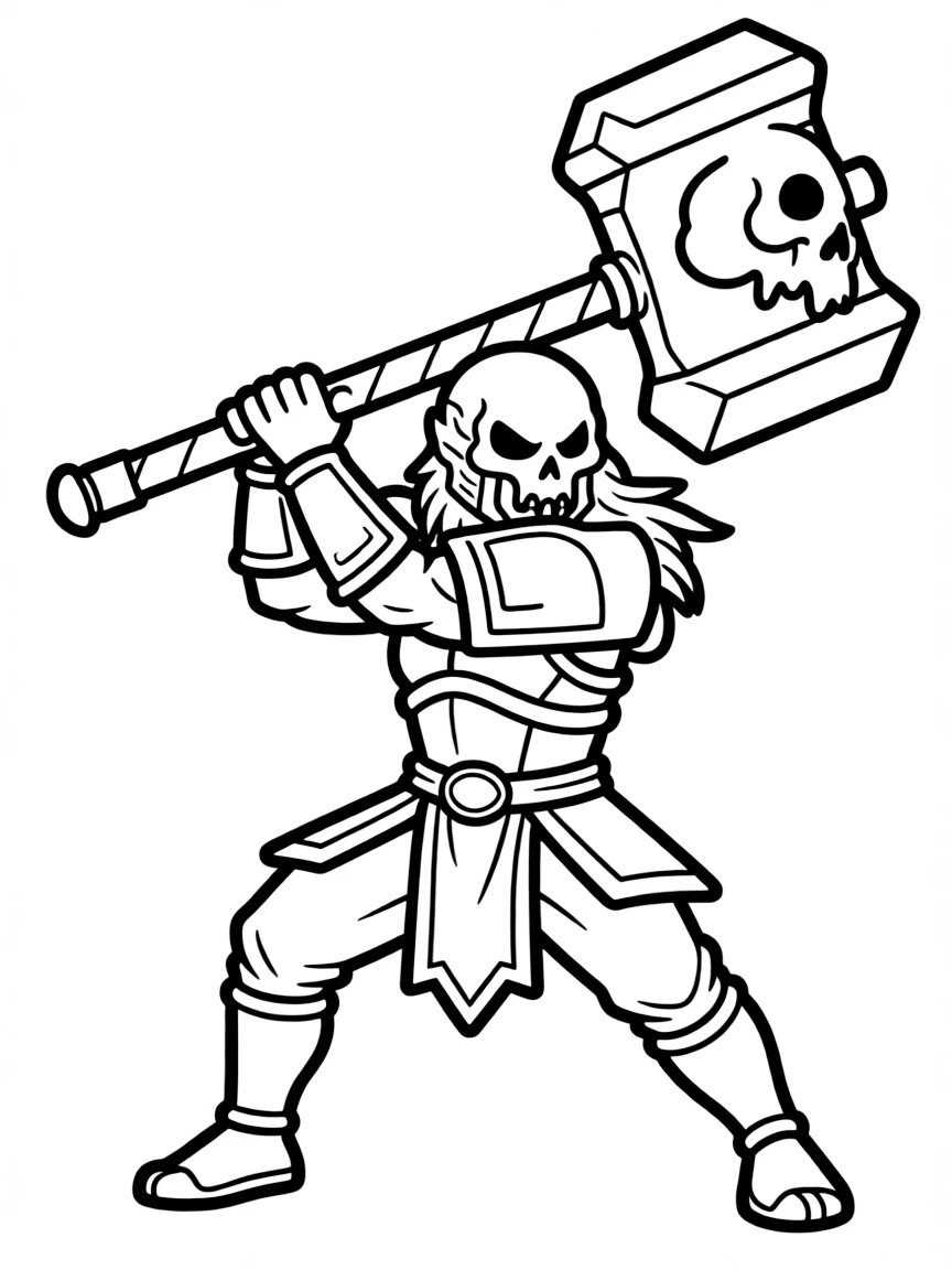 Shao Kahn swinging his warhammer with skull helmet