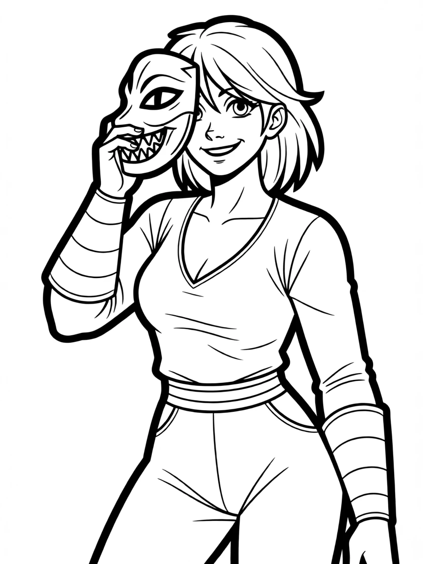Mileena with her mask half-removed revealing fangs
