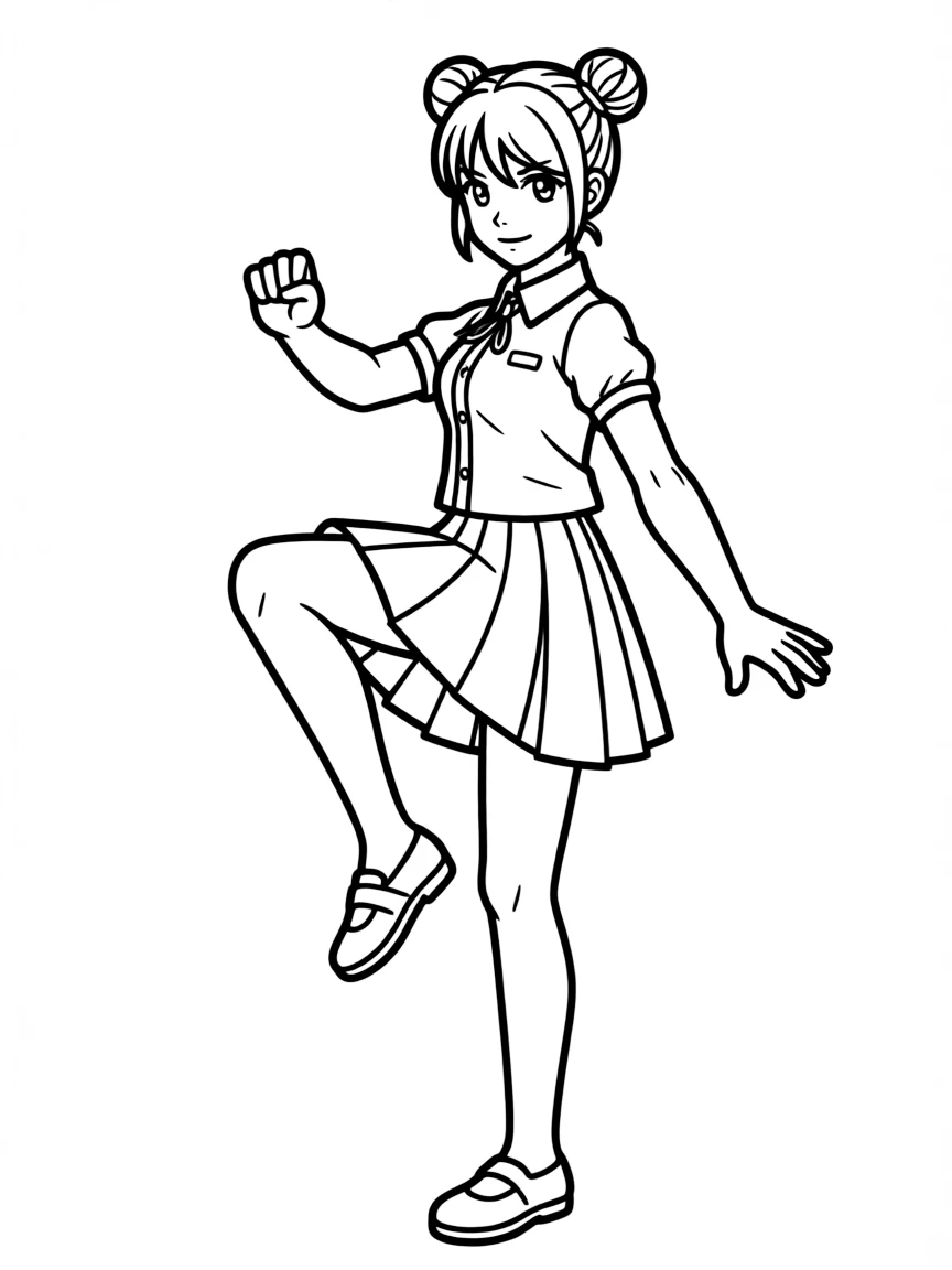 Tekken's Xiaoyu in her school uniform performing a phoenix stance