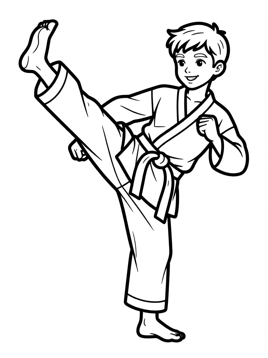 Tekken's Hwoarang executing a high kick with taekwondo uniform