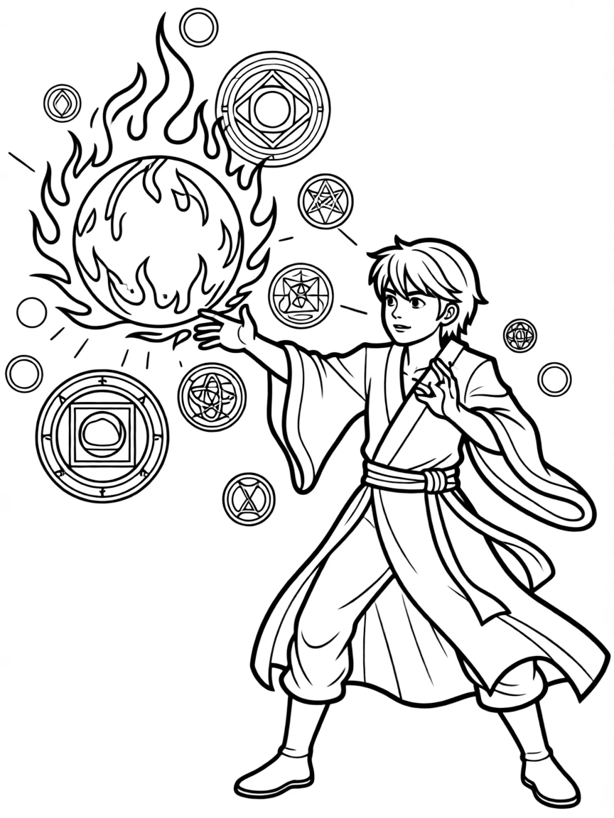 Mage casting Pyroblast with arcane symbols