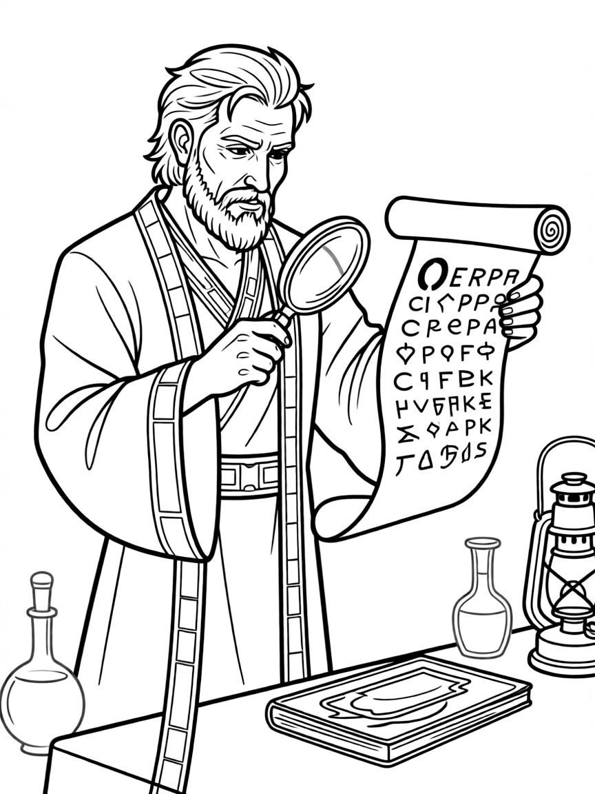 Deckard Cain from Diablo identifying items with scroll