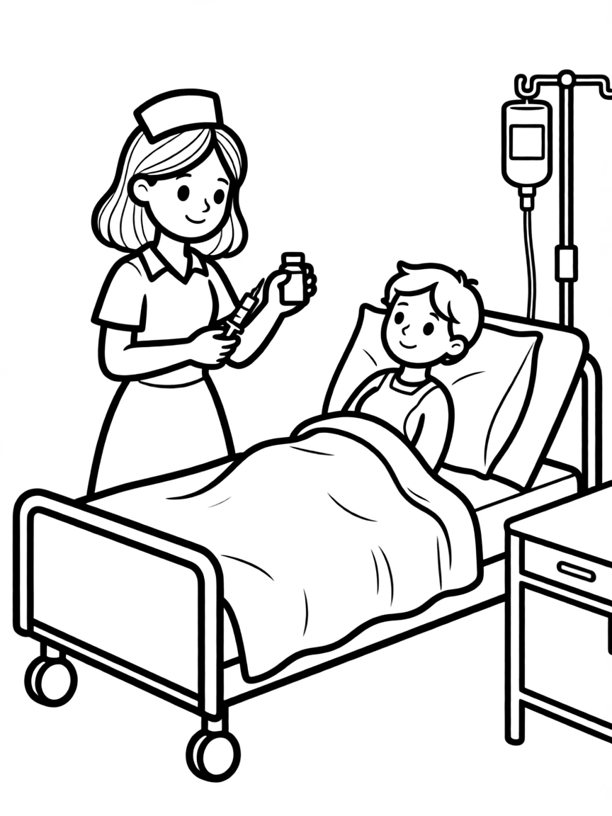 A nurse administering medicine to a patient in a hospital bed