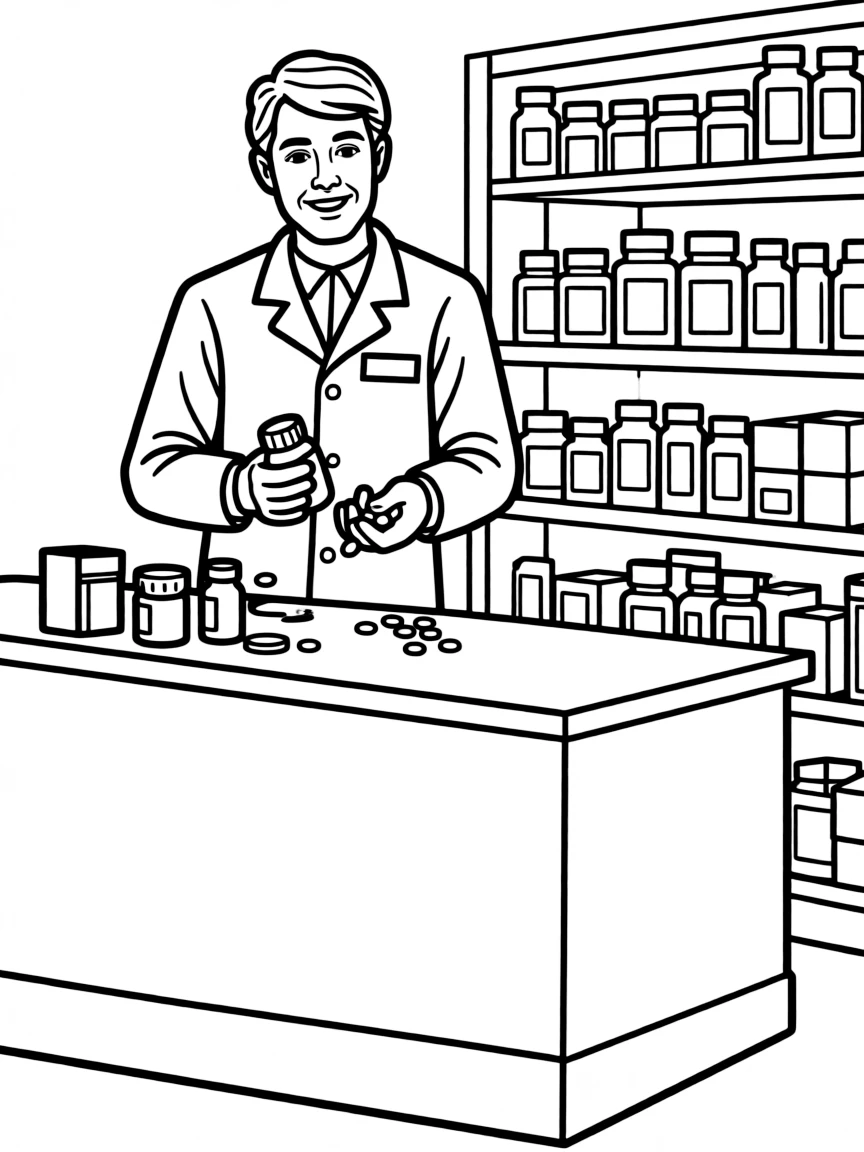 A pharmacist counting pills at a pharmacy counter