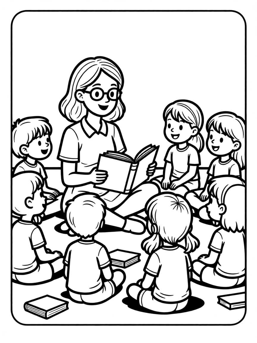 A librarian reading a storybook to children sitting in a circle