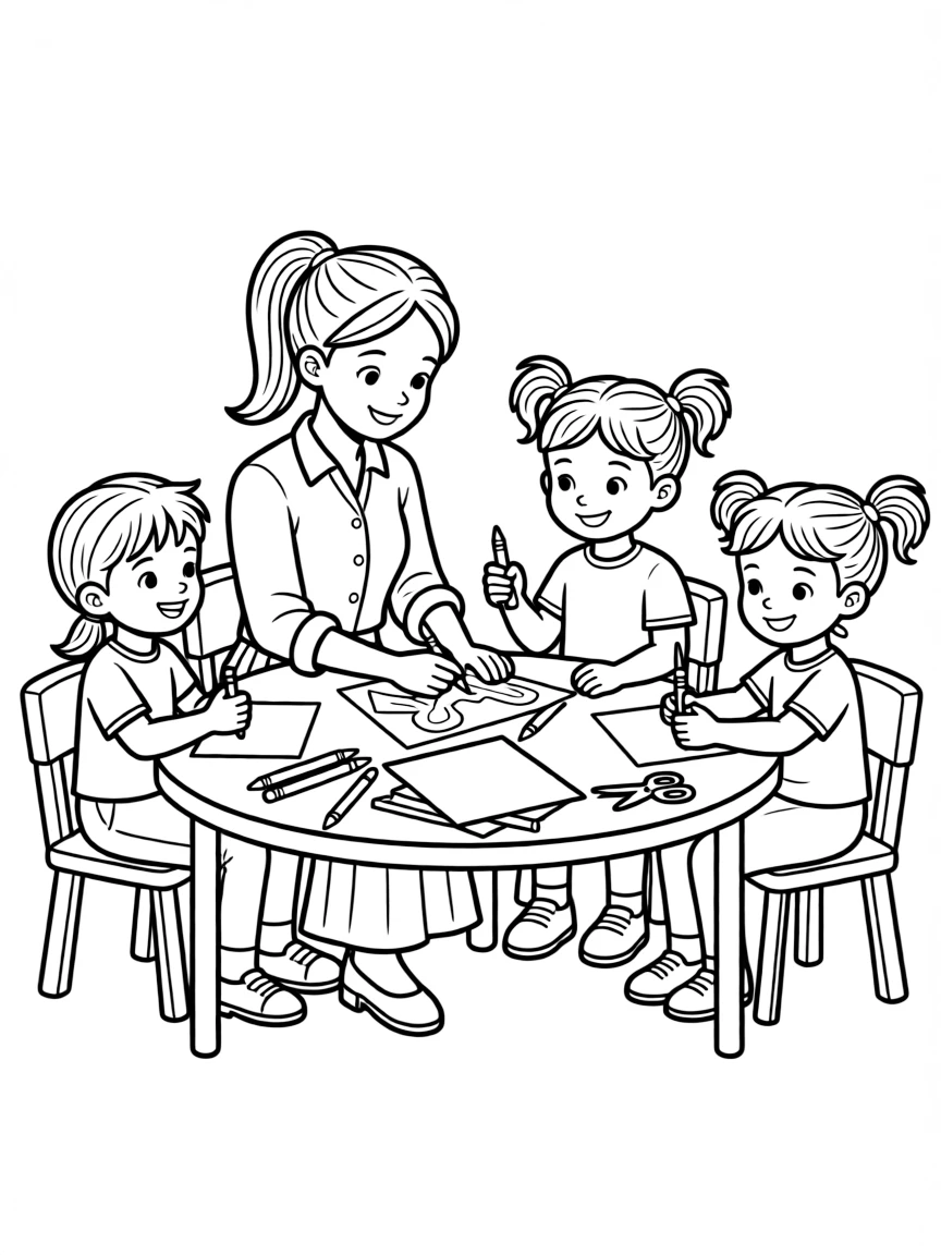 A kindergarten teacher helping children with an art project