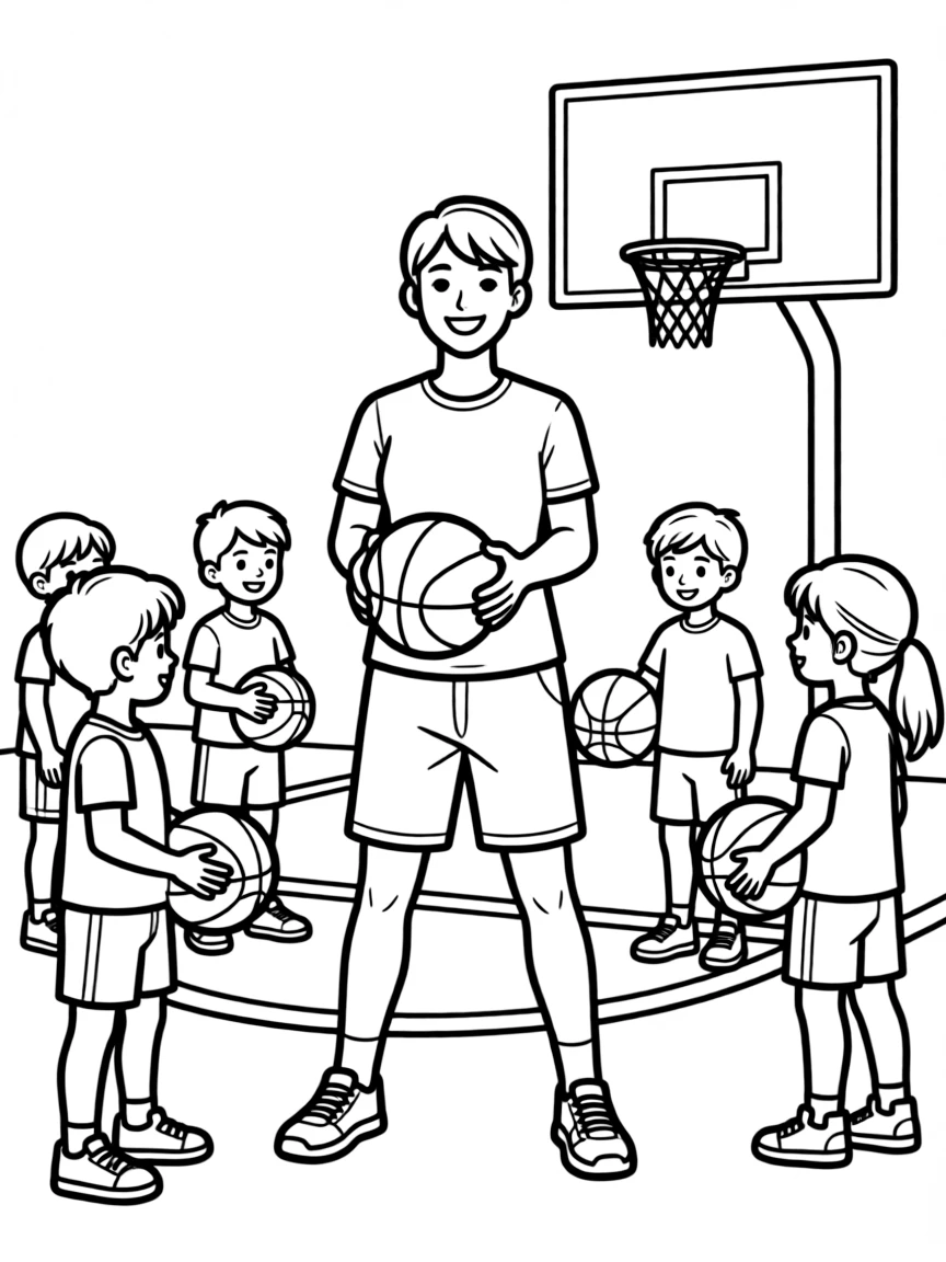 A physical education teacher showing students how to play basketball