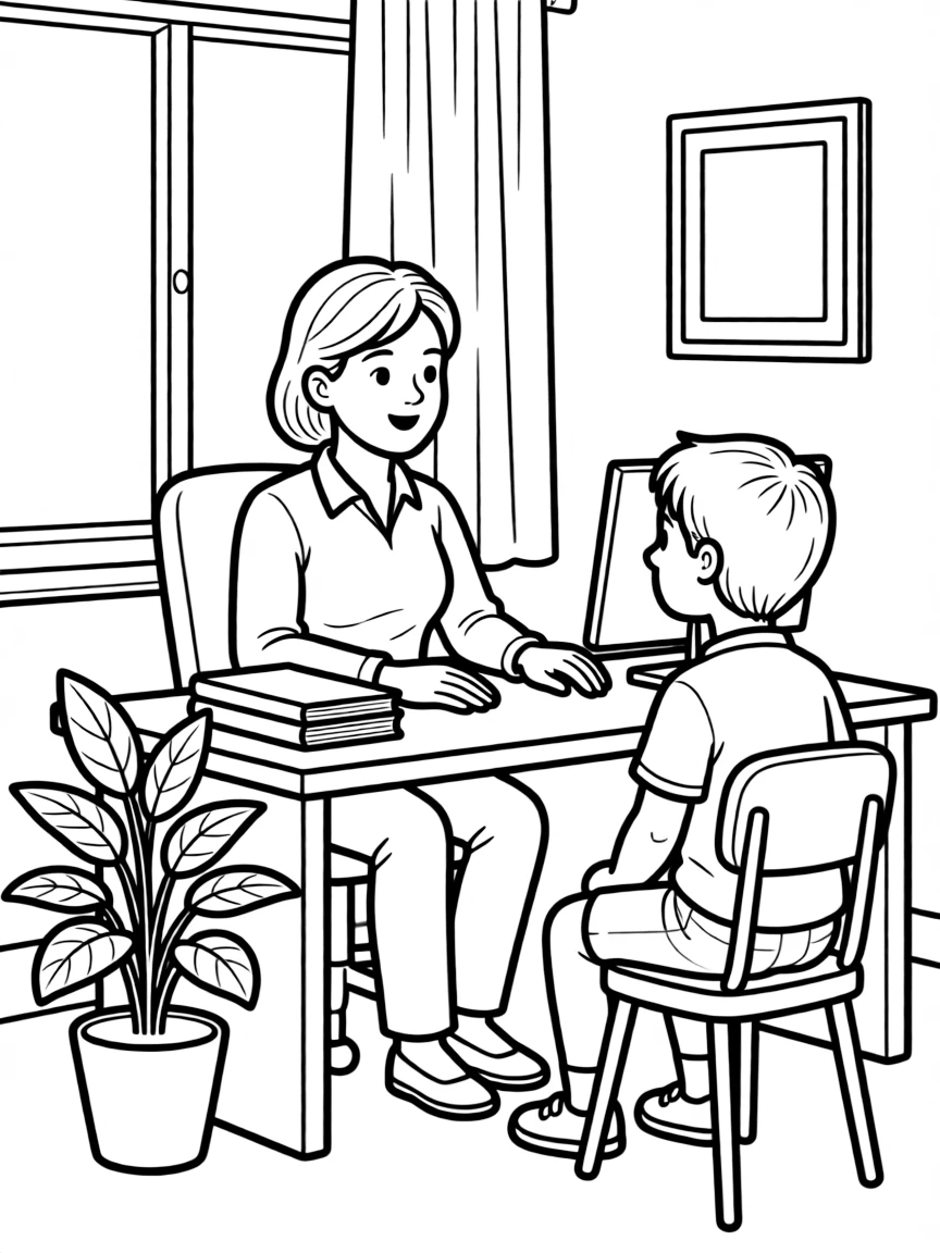 A school counselor talking with a student in an office