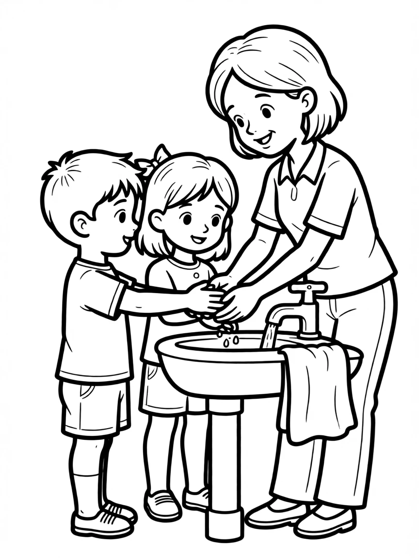 A preschool teacher helping children wash their hands