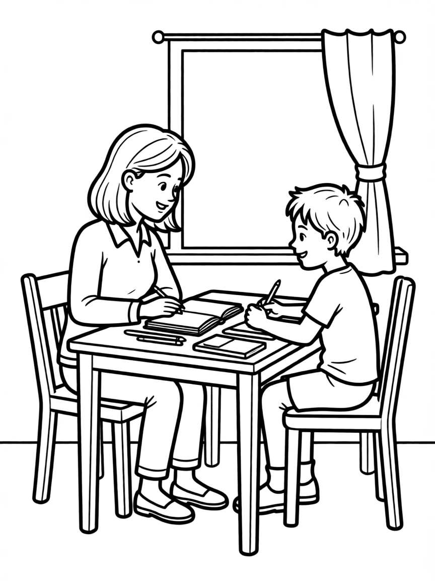 A tutor helping a student with homework at a kitchen table