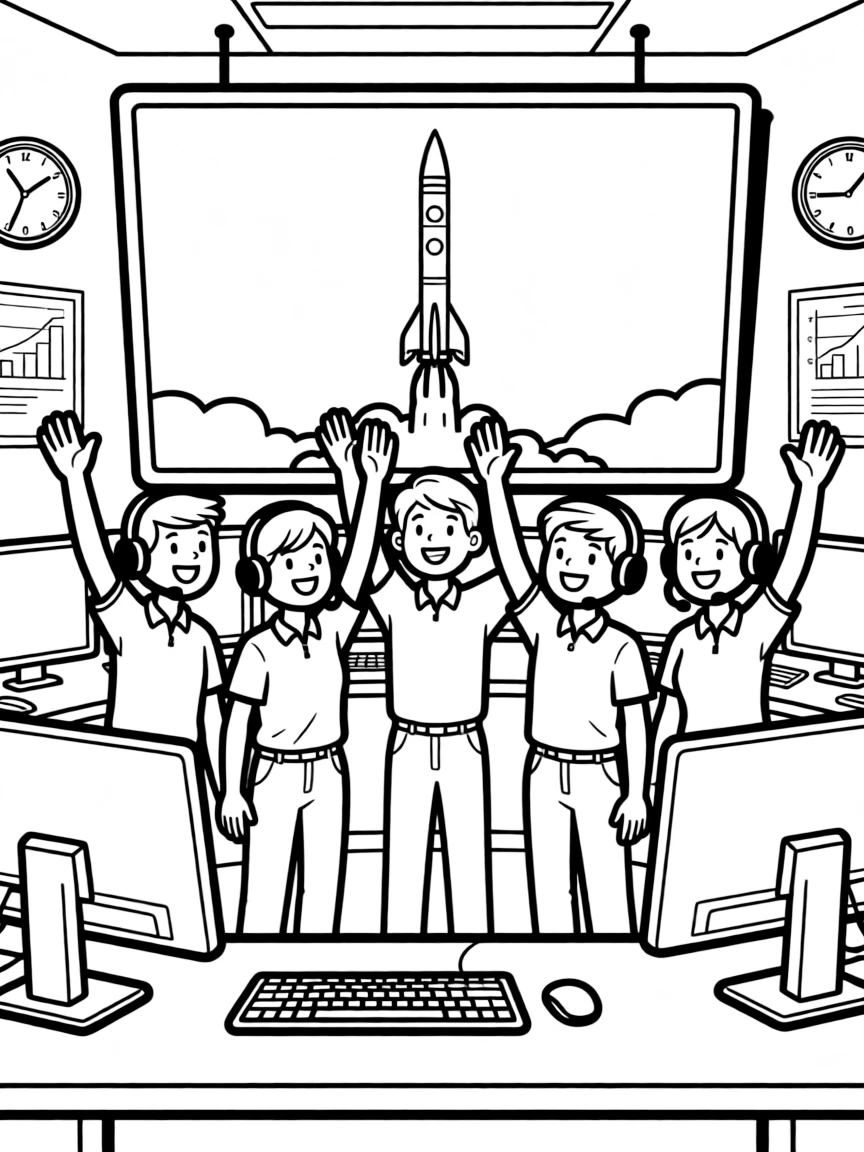 A team of mission controllers celebrating a successful launch