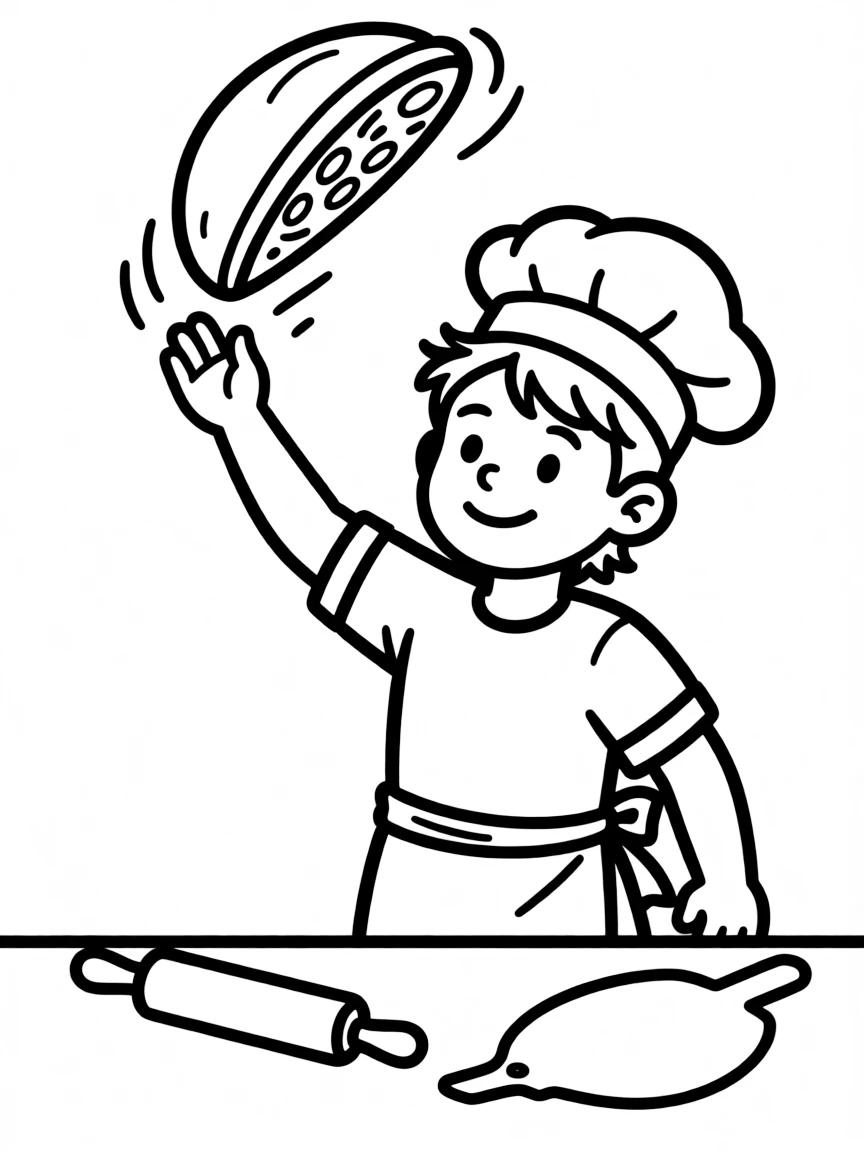 A pizza maker tossing dough in the air