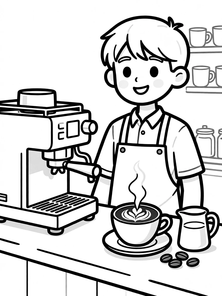 A barista creating latte art in a coffee shop
