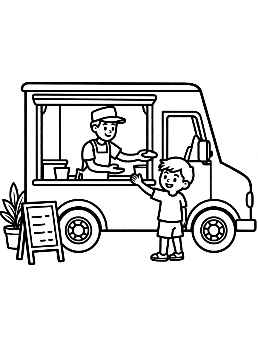 A food truck owner serving customers through a window