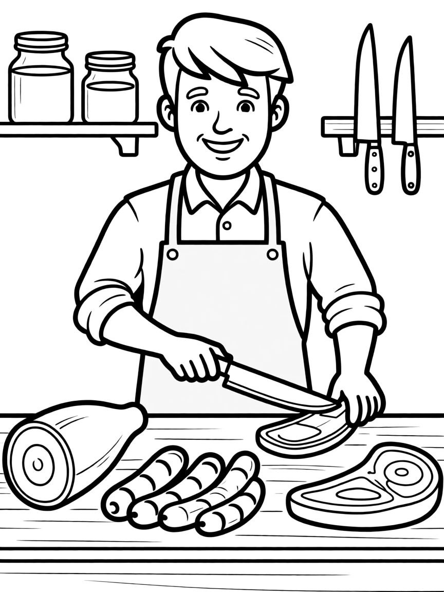 A butcher cutting meat at a butcher shop counter