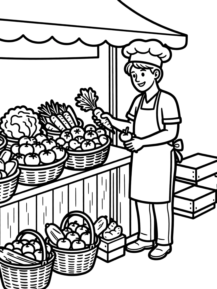 A farm-to-table chef selecting fresh produce at a market