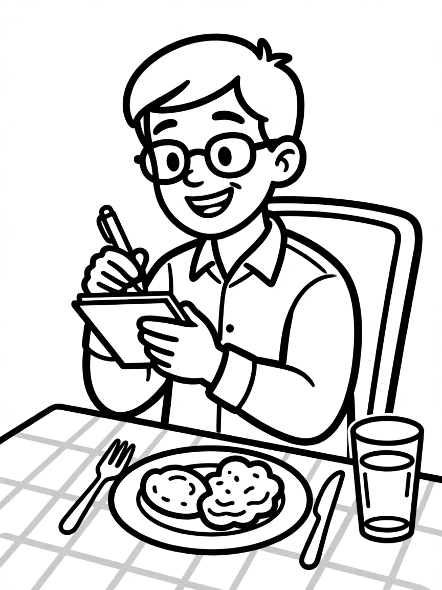 A food critic taking notes while dining at a restaurant