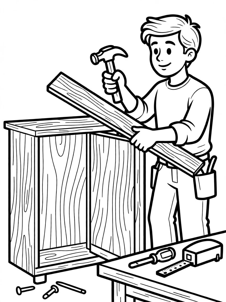 A carpenter building a wooden cabinet