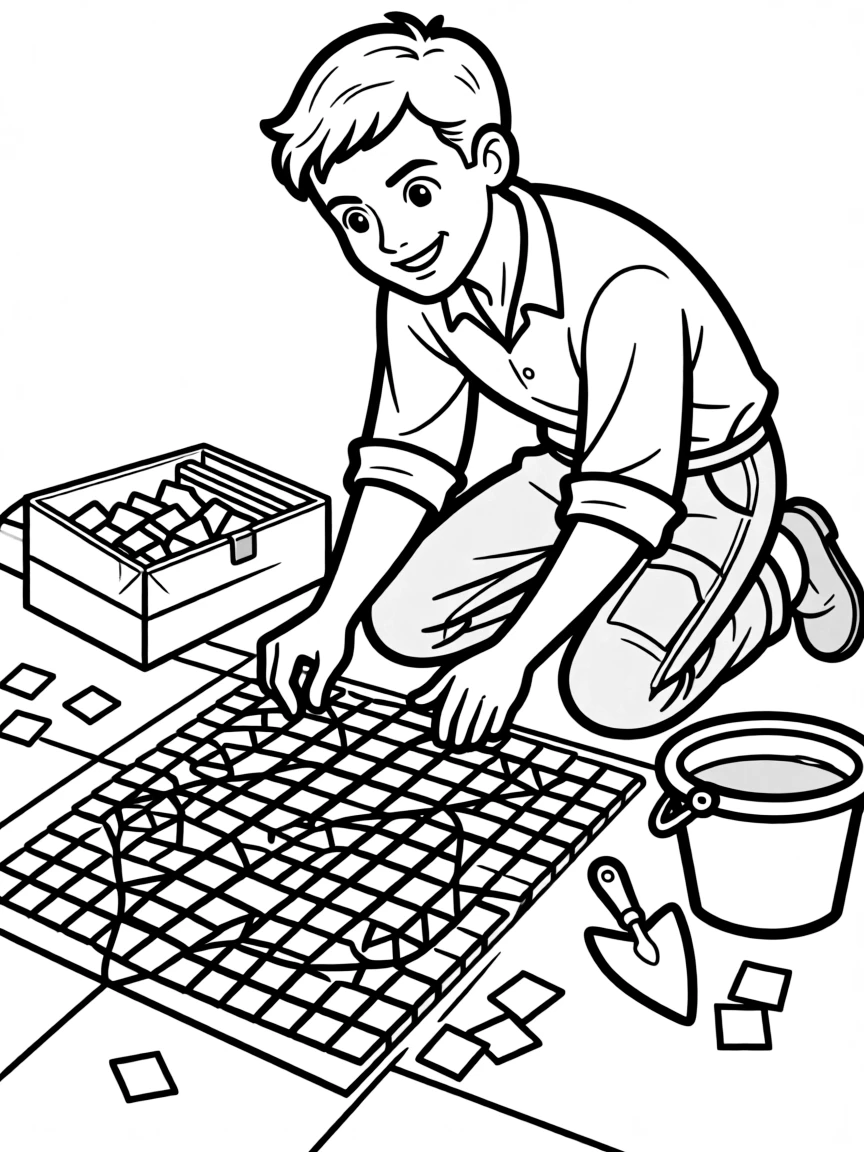 A tile setter creating a mosaic floor design