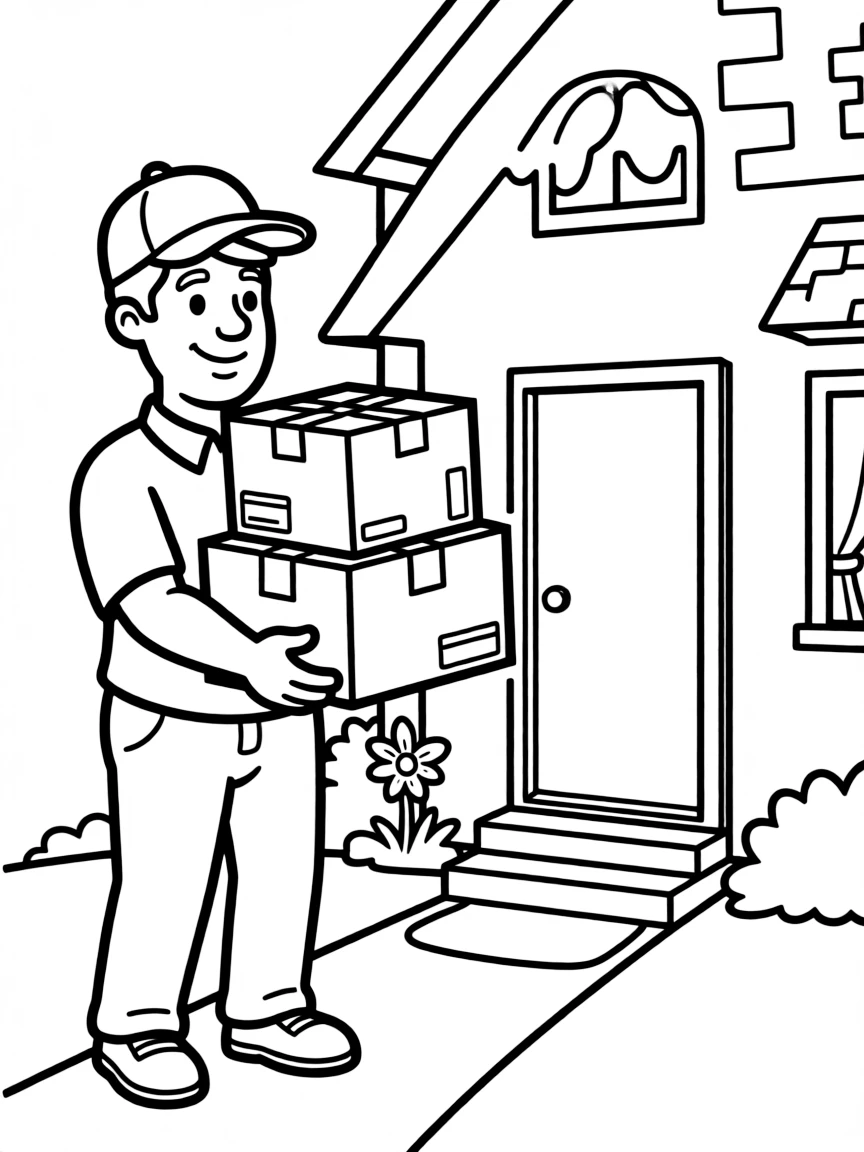 A delivery driver carrying packages to a house