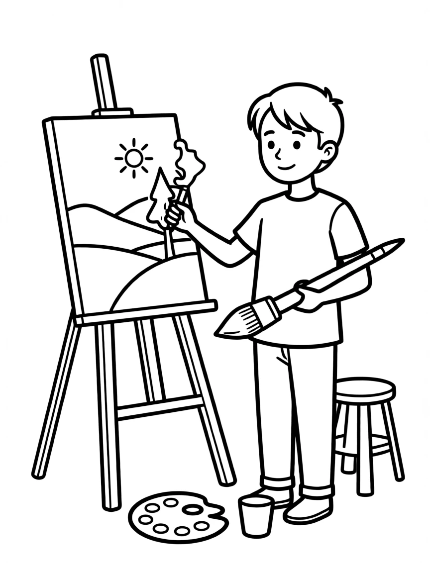 A painter creating a landscape on canvas