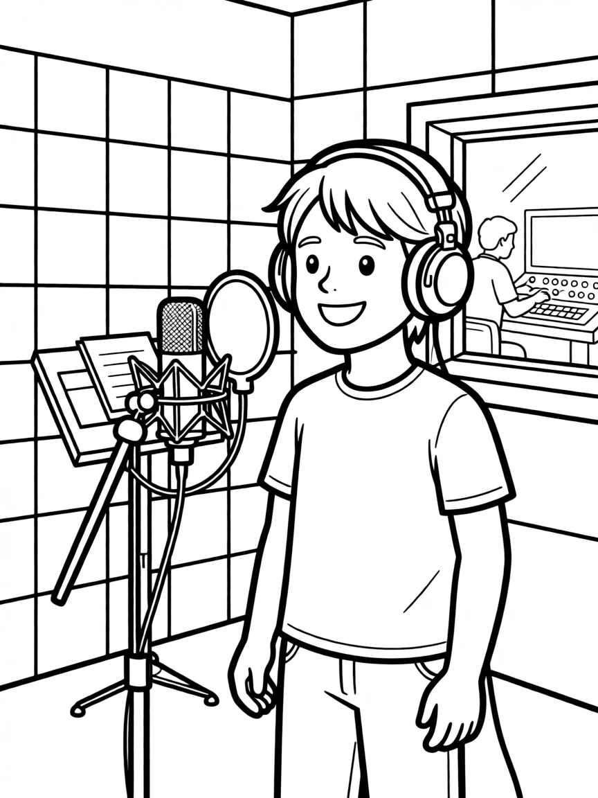 A voice actor recording in a sound booth