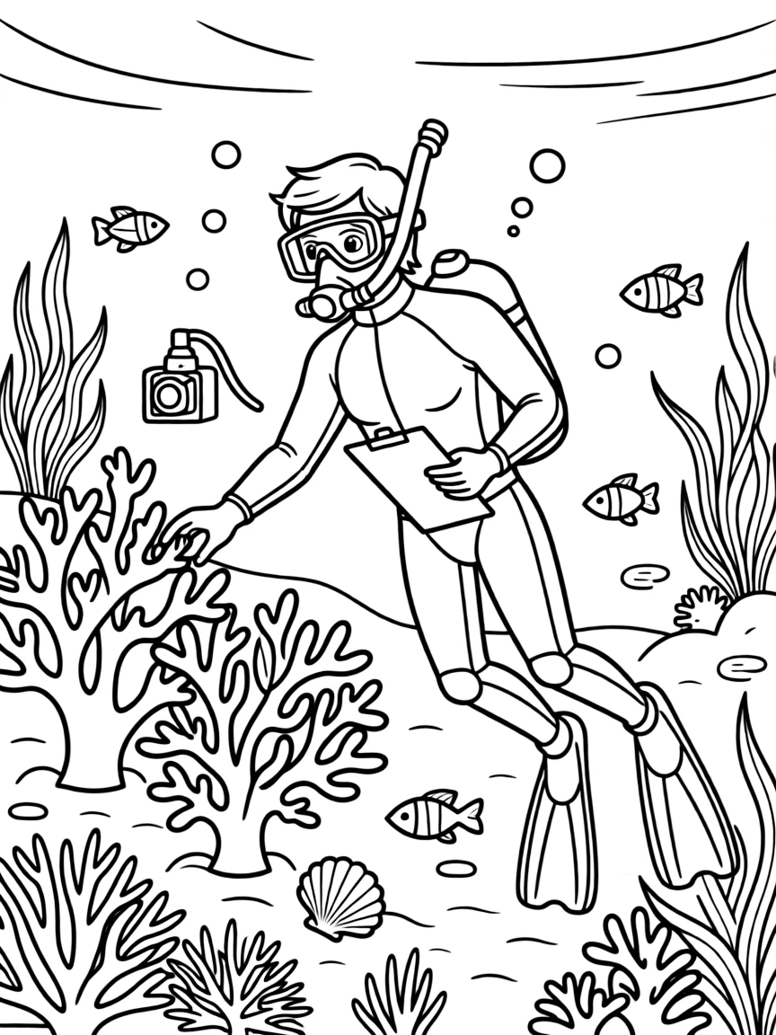 A marine biologist studying coral reefs underwater