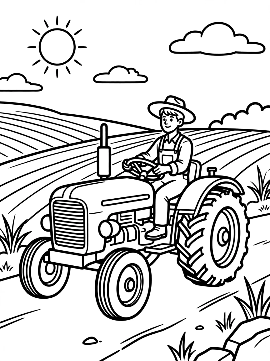 A farmer driving a tractor through a field